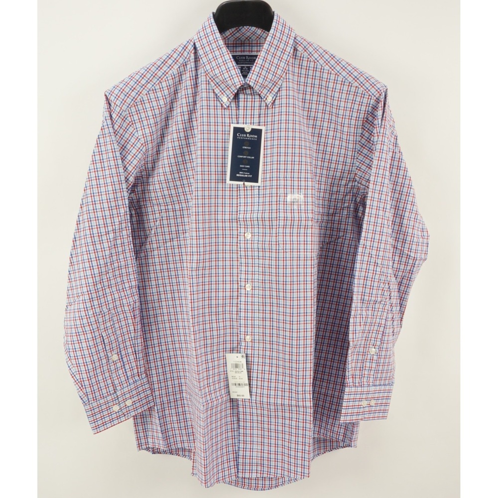 New Club Room Performance Men's 16 32-33 Red Blue Plaid Button Down Dress Shirt